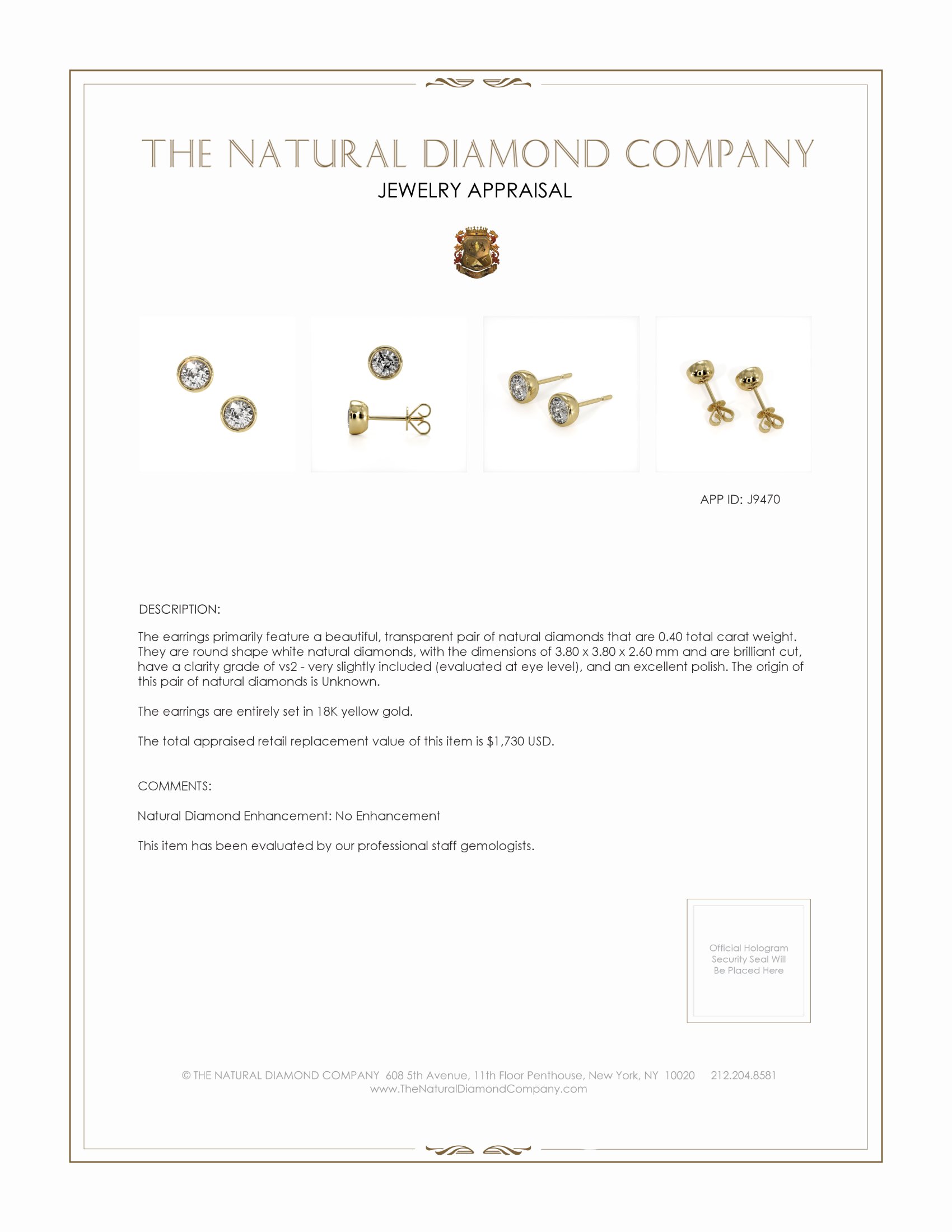 0.40 Ct.Tw. Natural Diamond Studs Earrings, 18K Yellow Gold