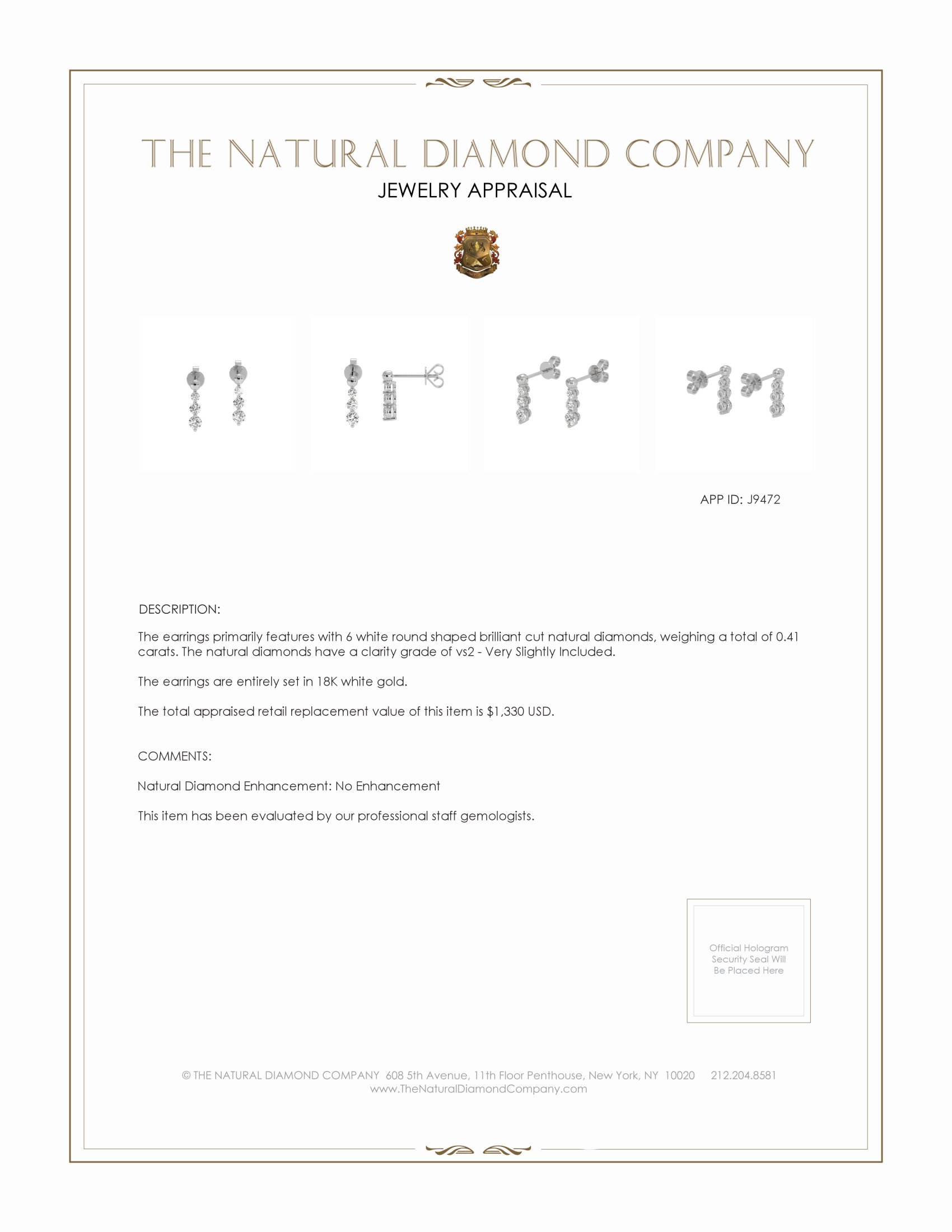 0.41 Ct.Tw. Natural Diamond Accent Stones Earrings, 18K White Gold