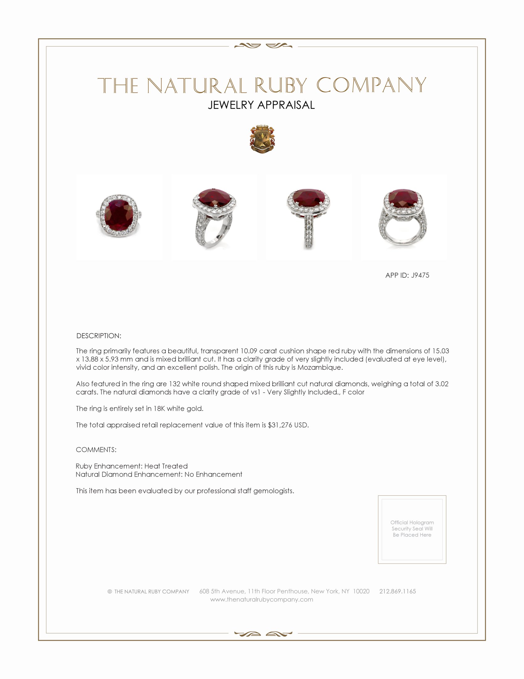 10.09 Ct. Ruby and Natural Diamond Antique Style Ring, 18K White Gold