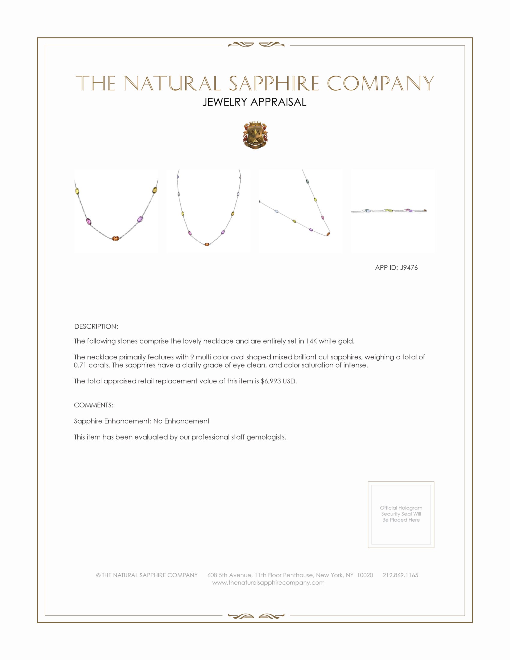 0.71 Ct. Multi Color Sapphire Accent Stones Necklace, 14K White Gold