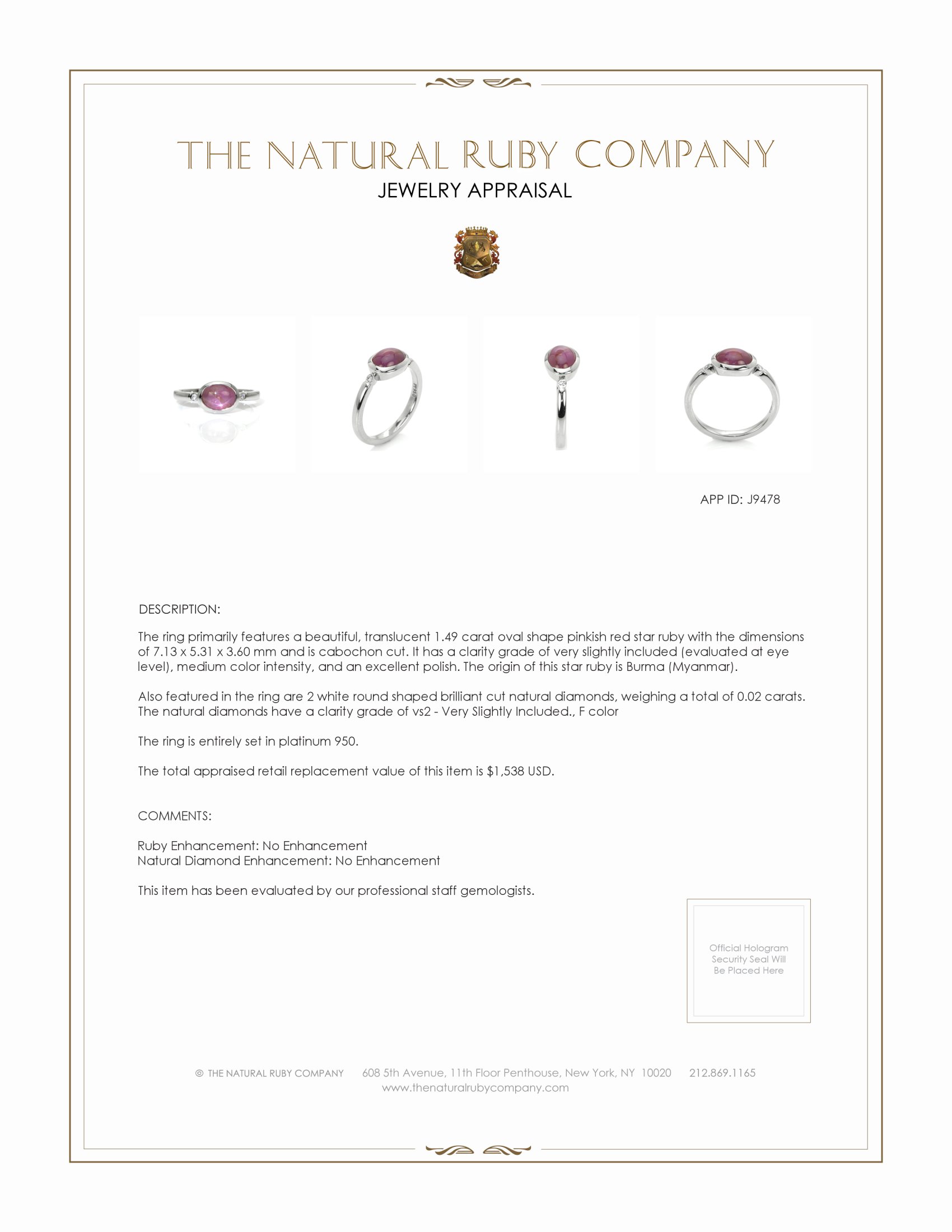 1.49 Ct. Pinkish Red Ruby and Natural Diamond Three Stone Ring, Platinum 950