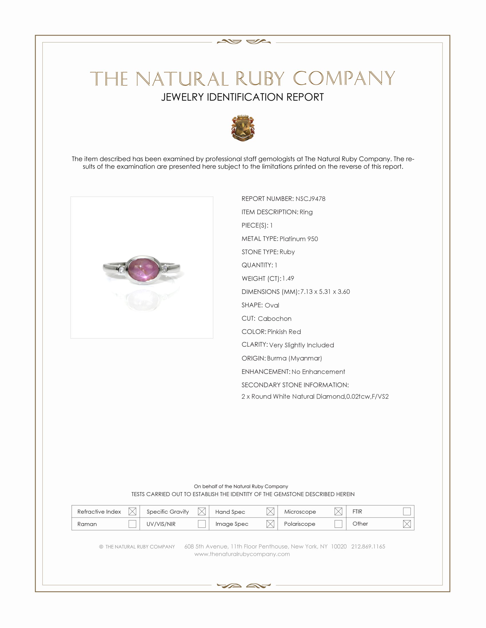 1.49 Ct. Pinkish Red Ruby and Natural Diamond Three Stone Ring, Platinum 950