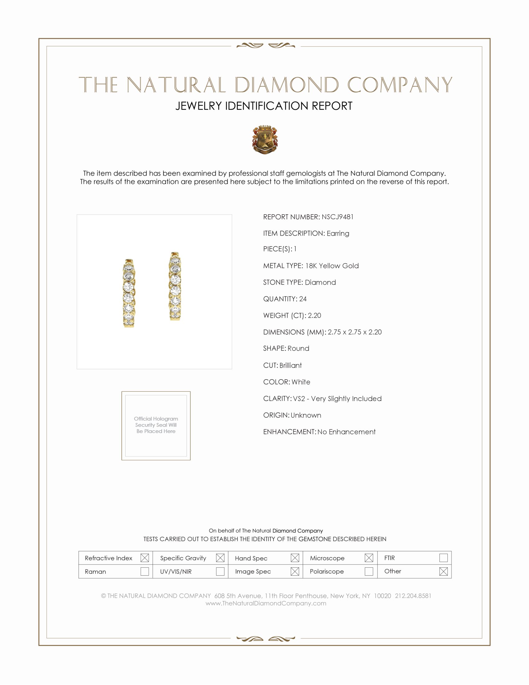 2.20 Ct.Tw. Natural Diamond Hoops Earrings, 18K Yellow Gold