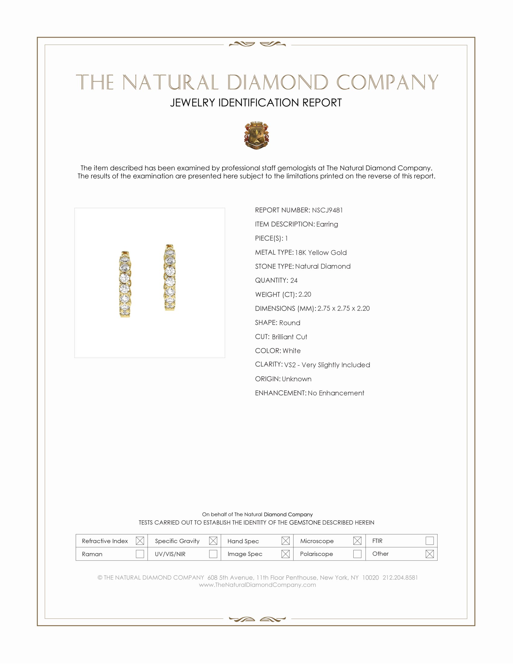2.20 Ct.Tw. Natural Diamond Hoops Earrings, 18K Yellow Gold