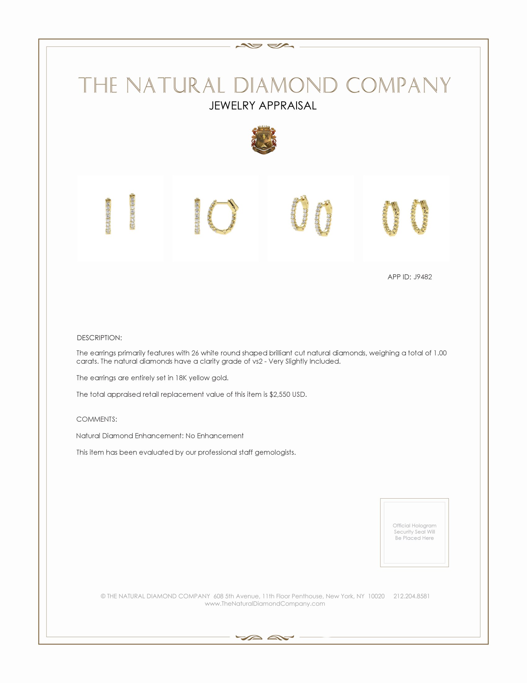 1.00 Ct.Tw. Natural Diamond Hoops Earrings, 18K Yellow Gold