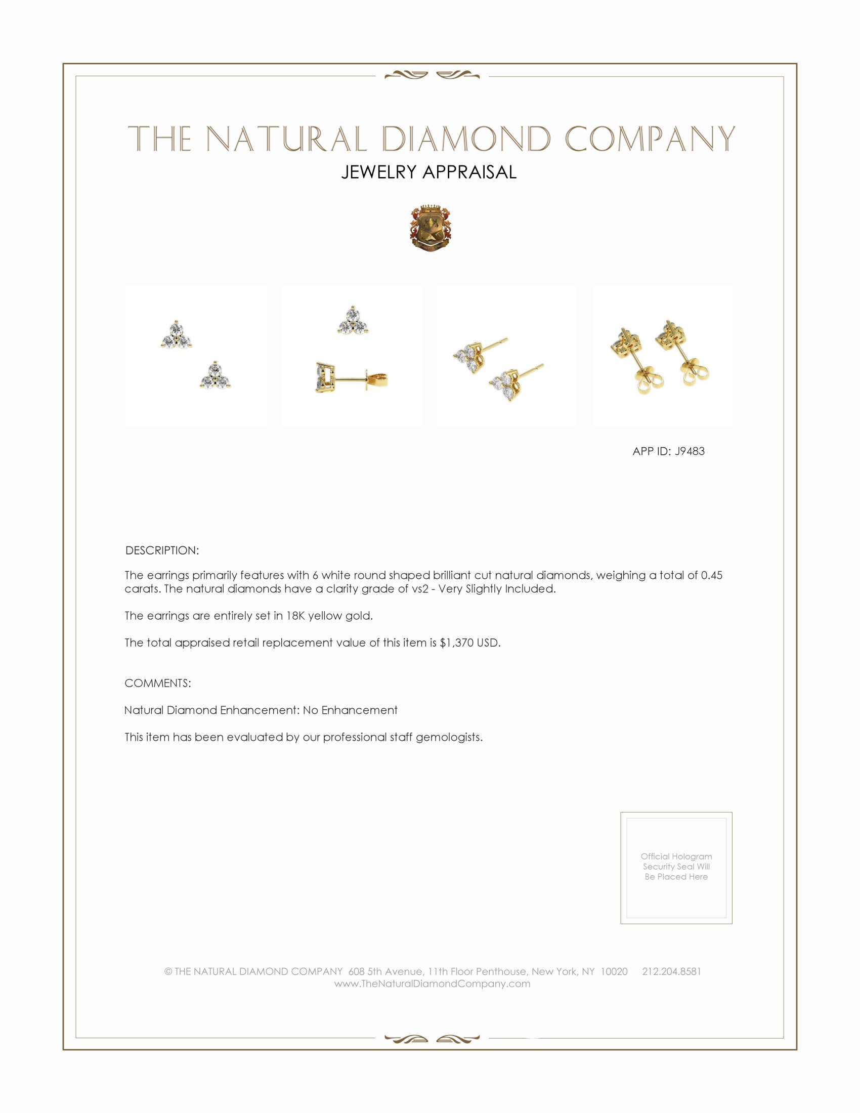 0.45 Ct.Tw. Natural Diamond Studs Earrings, 18K Yellow Gold