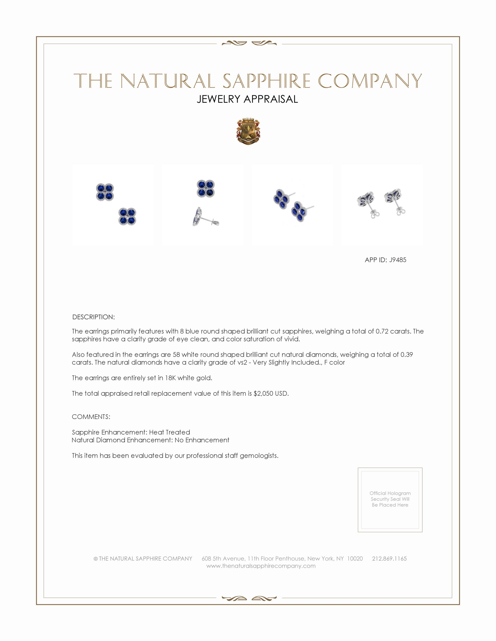 0.72 Ct.Tw. Blue Sapphire and Natural Diamond Studs Earrings, 18K White Gold