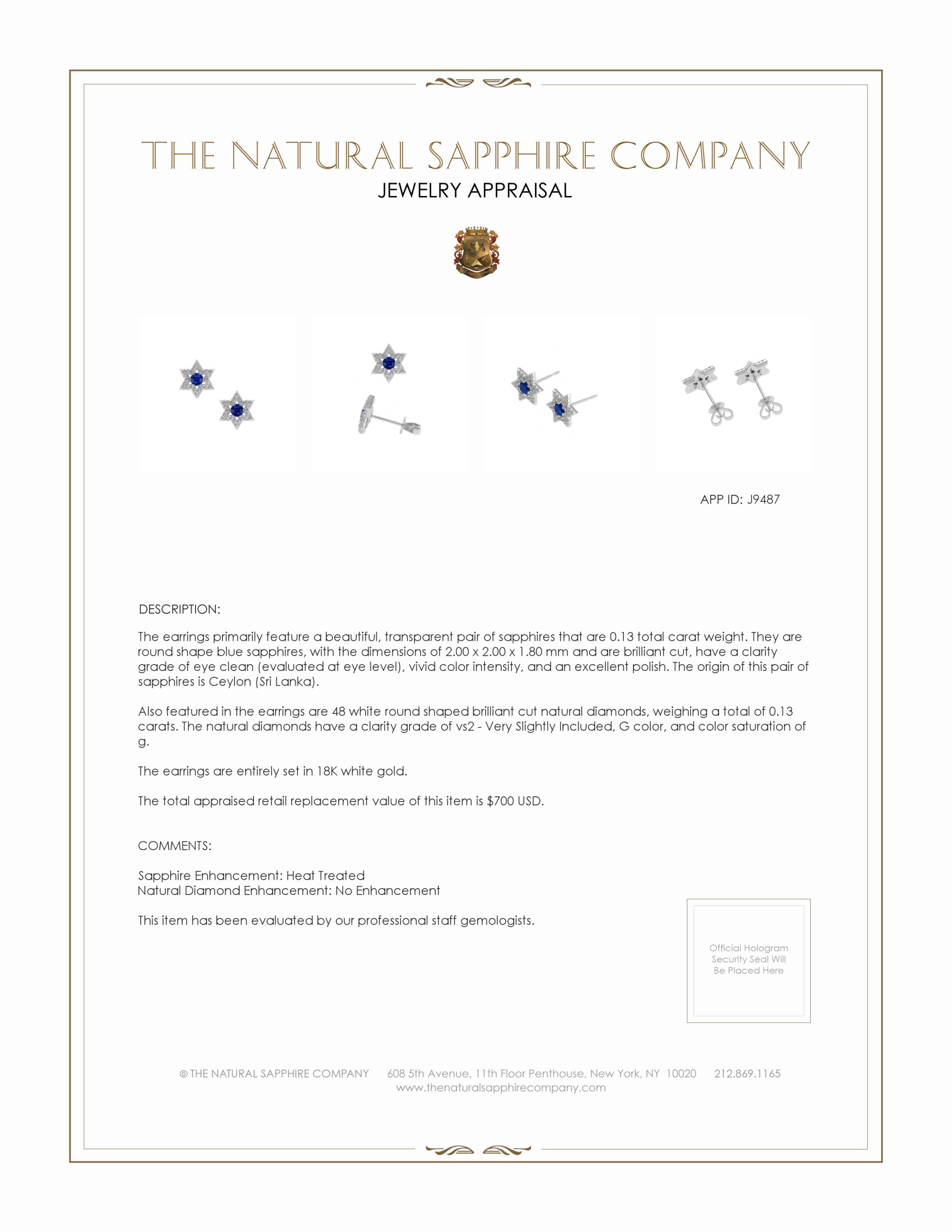 0.13 Ct.Tw. Blue Sapphire and Natural Diamond Studs Earrings, 18K White Gold