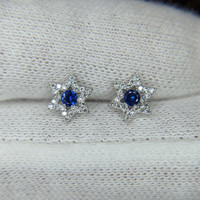 0.13 Ct.Tw. Blue Sapphire and Natural Diamond Studs Earrings, 18K White Gold Life Style