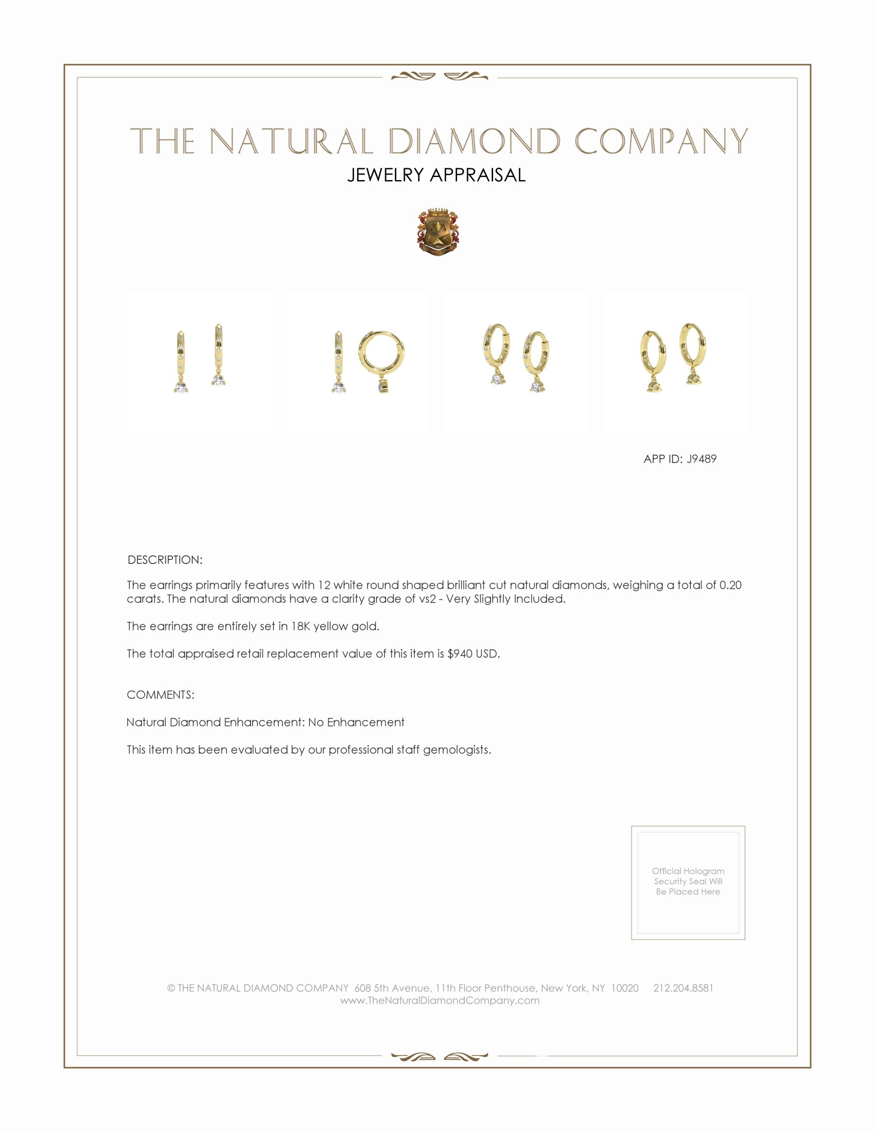 0.20 Ct.Tw. Natural Diamond Accent Stones Earrings, 18K Yellow Gold