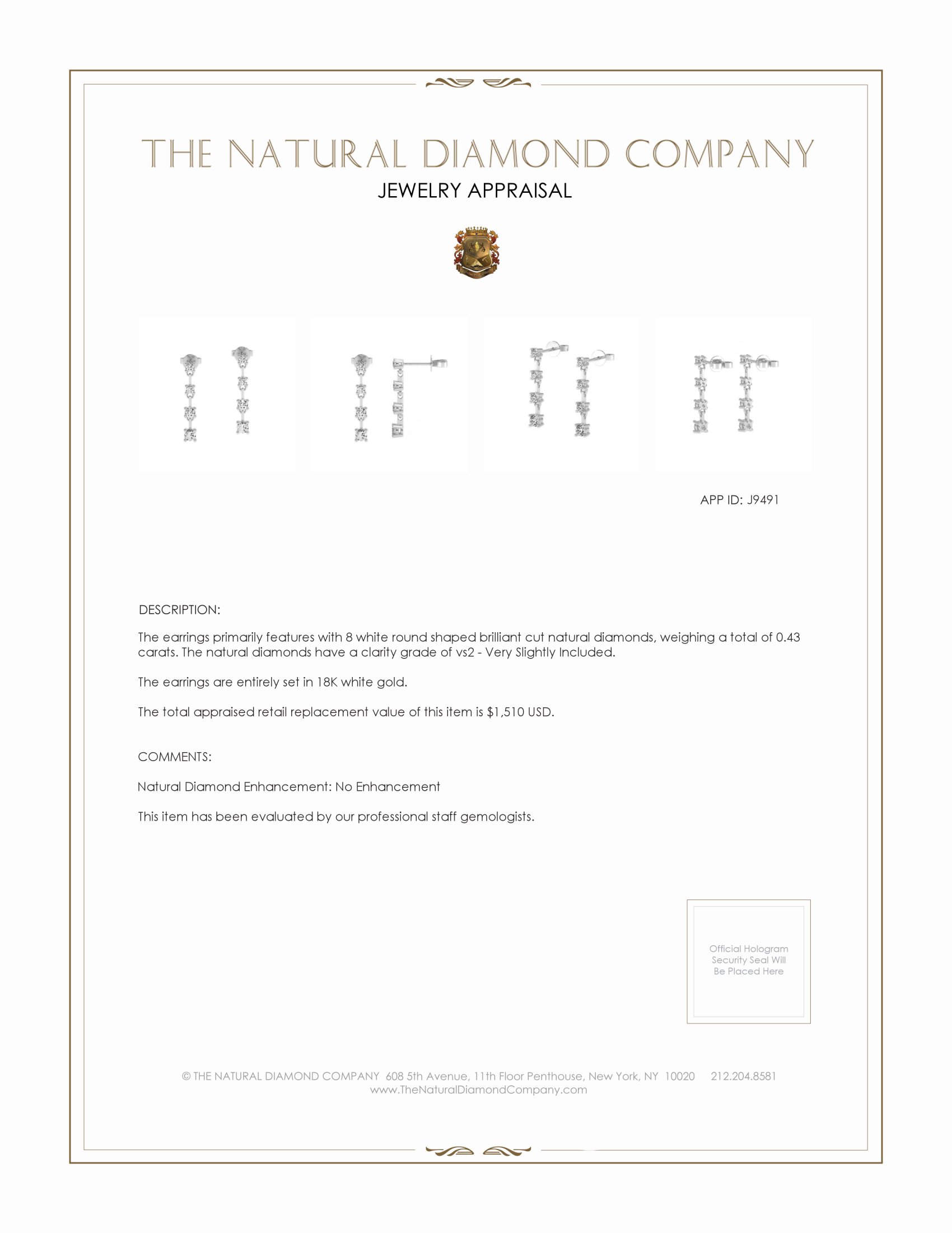 0.43 Ct.Tw. Natural Diamond Accent Stones Earrings, 18K White Gold