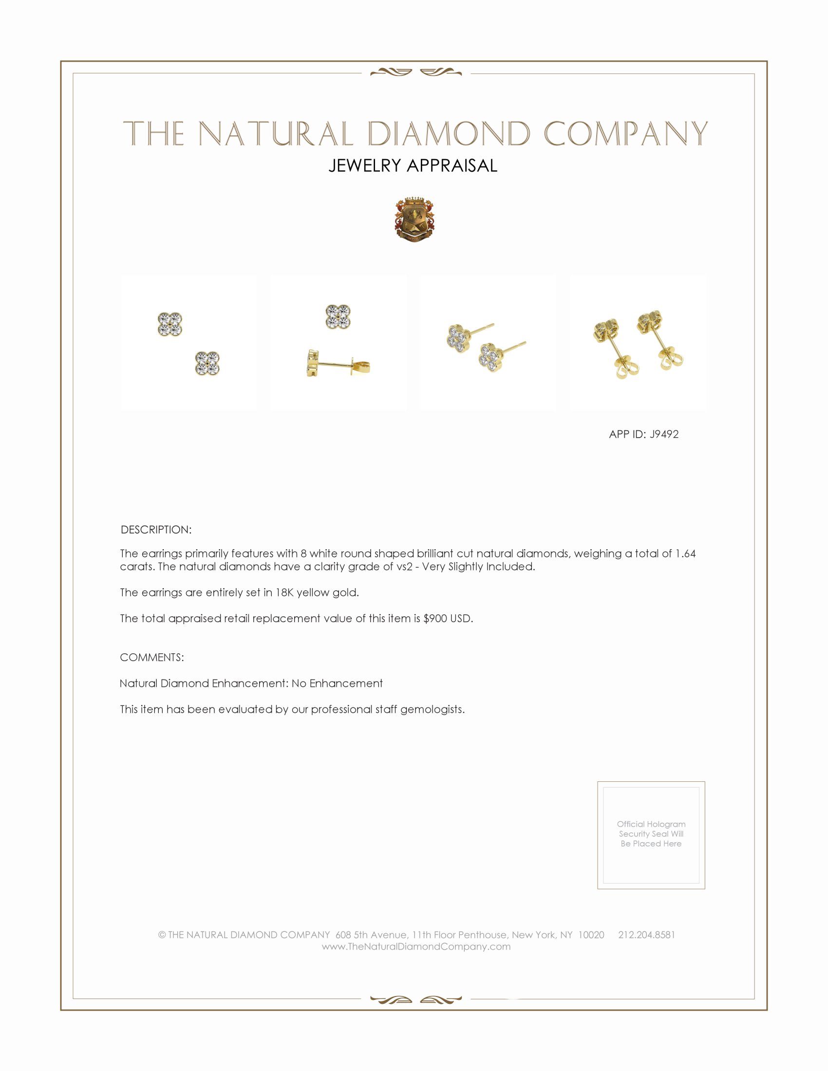1.64 Ct.Tw. Natural Diamond Studs Earrings, 18K Yellow Gold