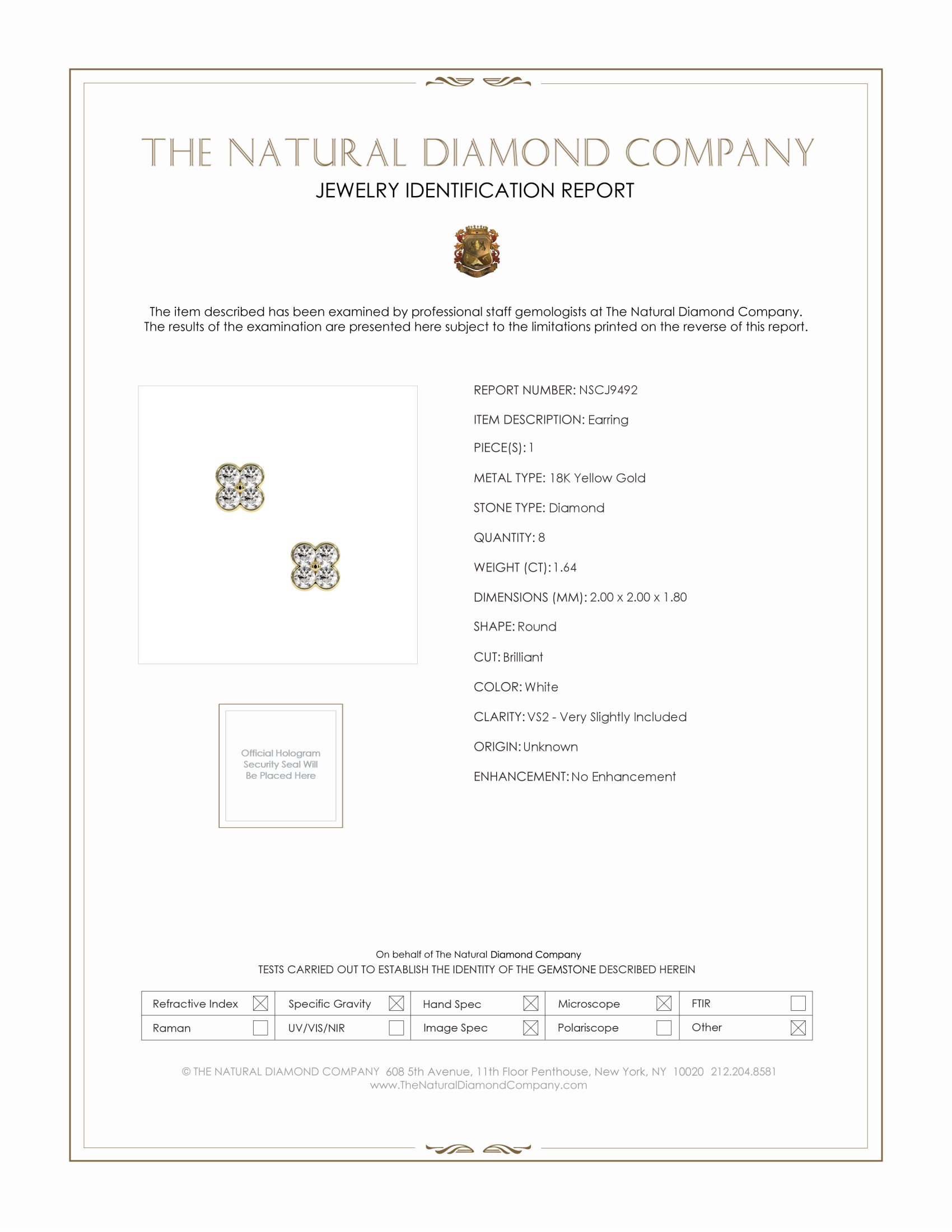 1.64 Ct.Tw. Natural Diamond Studs Earrings, 18K Yellow Gold