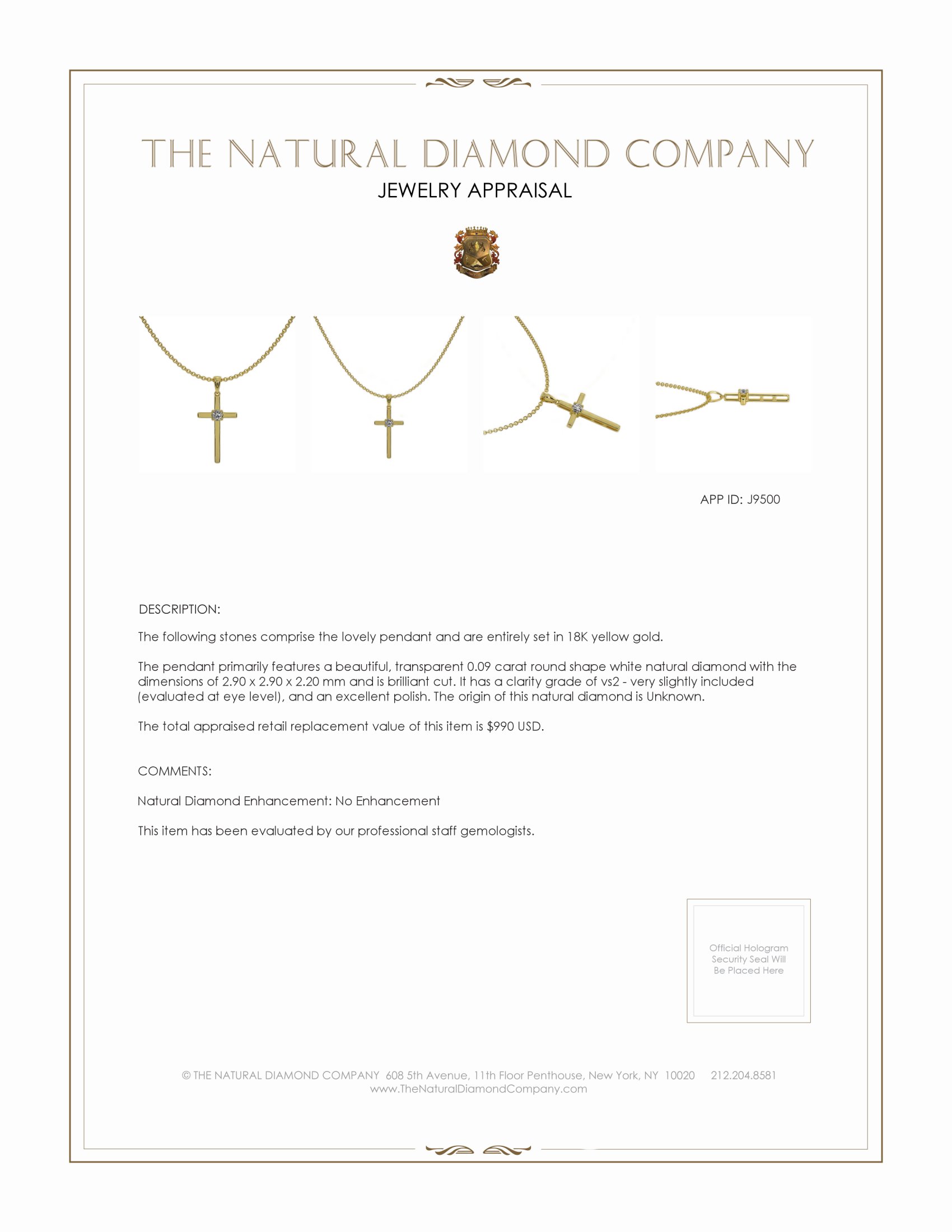 0.09 Ct. Natural Diamond Solitaire Pendant, 18K Yellow Gold