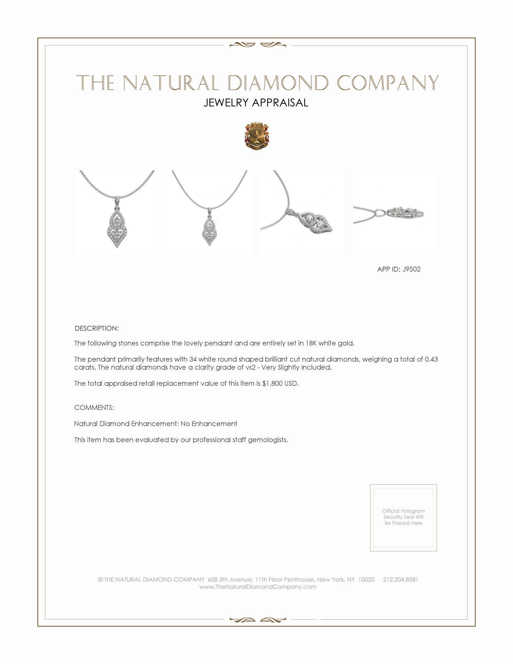 0.43 Ct. Natural Diamond Pave Pendant, 18K White Gold