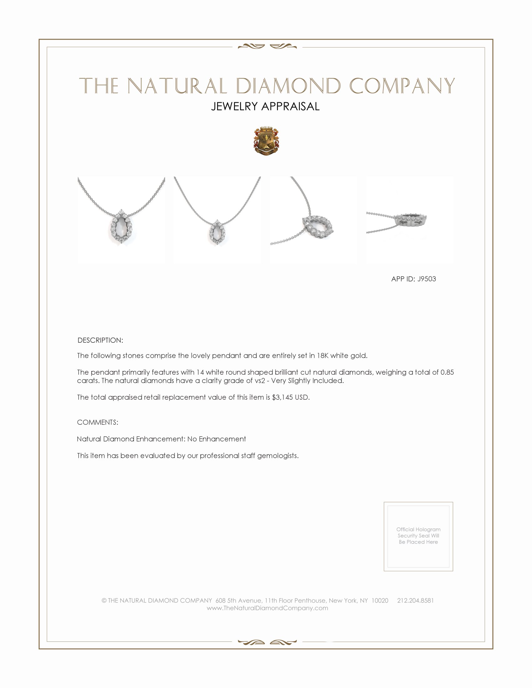 0.85 Ct. Natural Diamond Pave Pendant, 18K White Gold