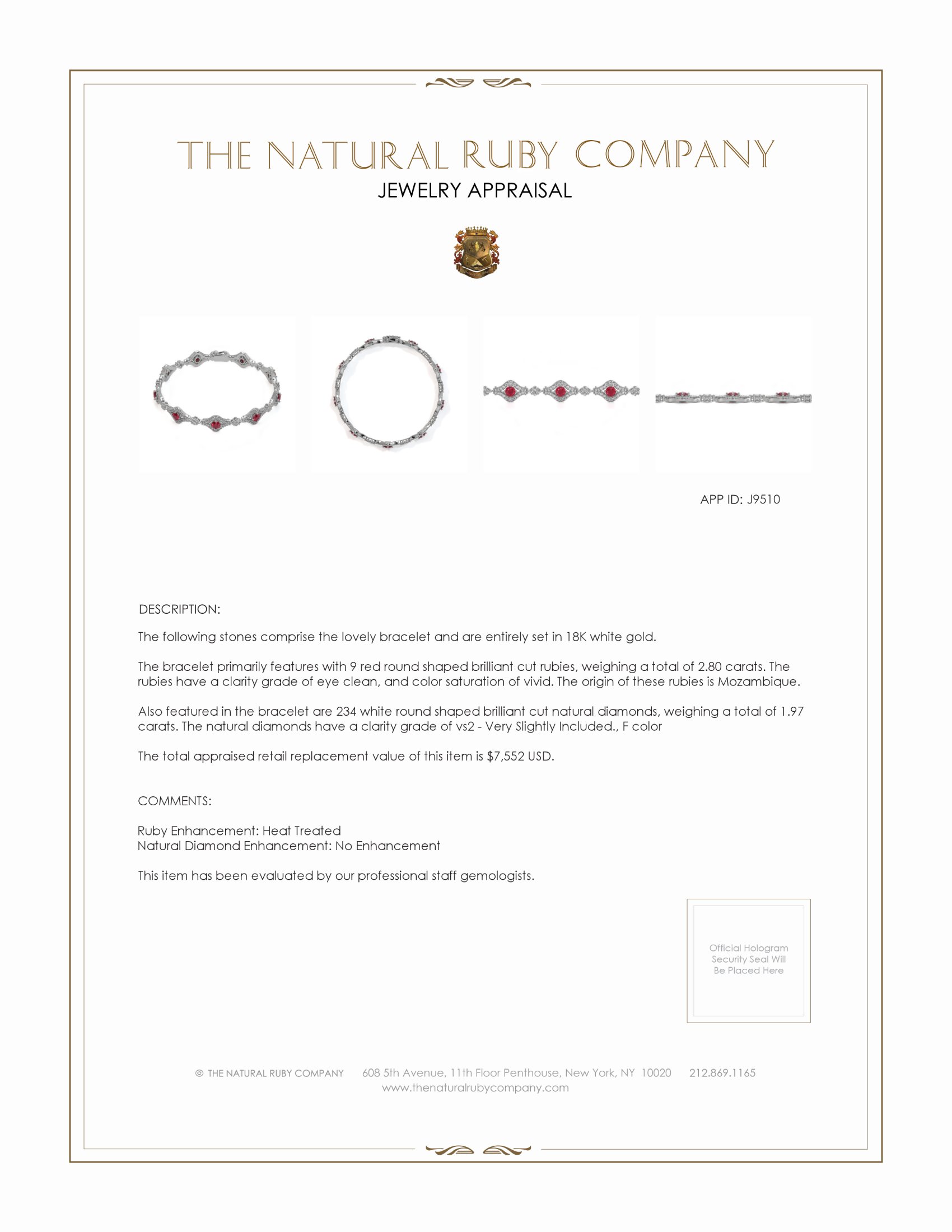 2.80 Ct.Tw. Ruby and Natural Diamond Pave Bracelet, 18K White Gold