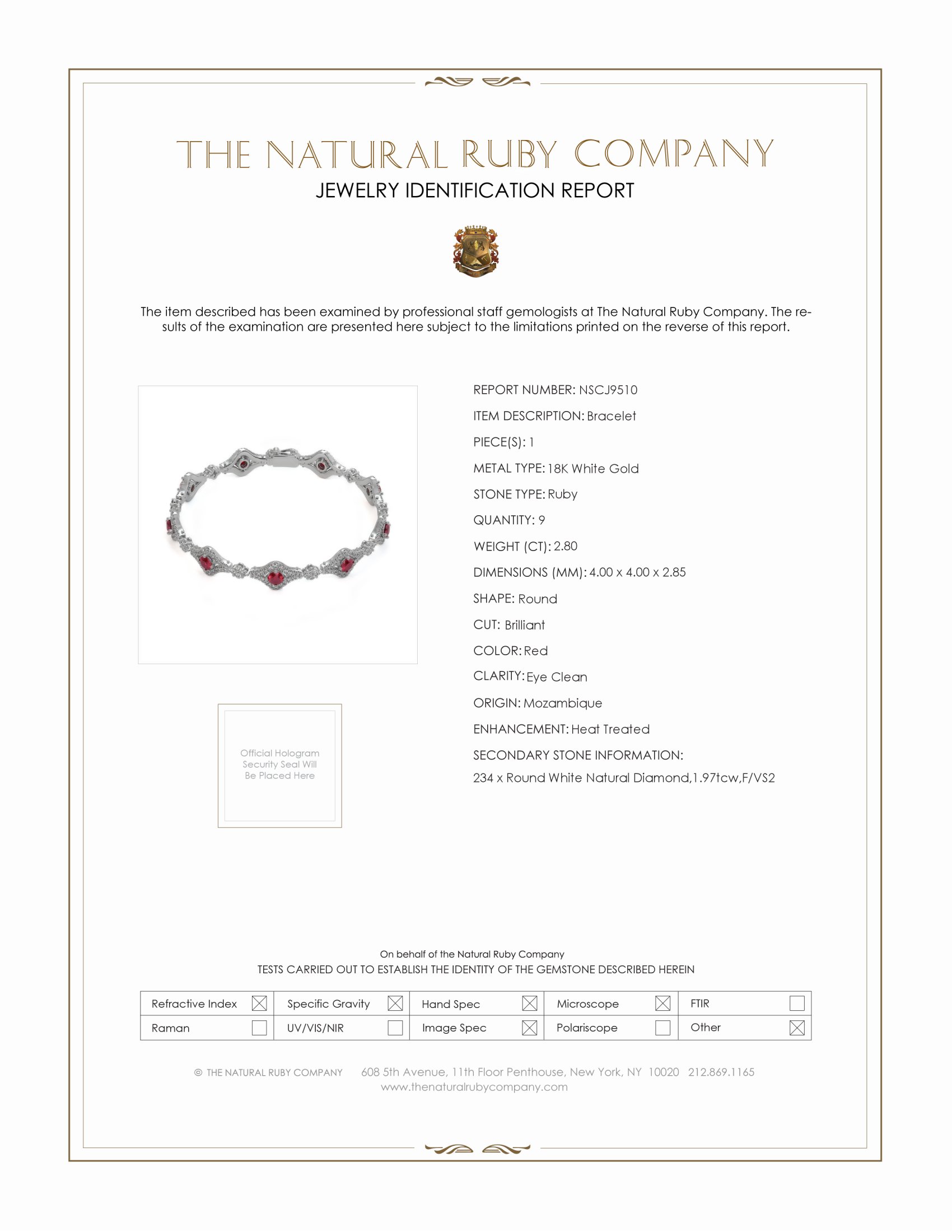 2.80 Ct.Tw. Ruby and Natural Diamond Pave Bracelet, 18K White Gold