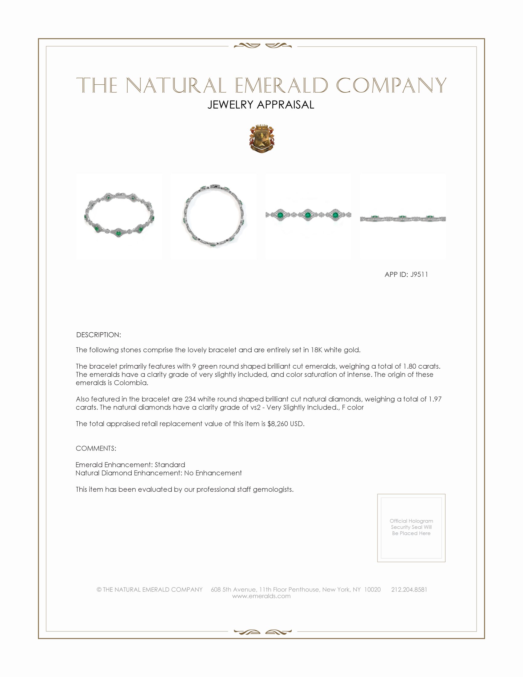 1.80 Ct.Tw. Emerald Natural Diamond Pave Bracelet, 18K White Gold