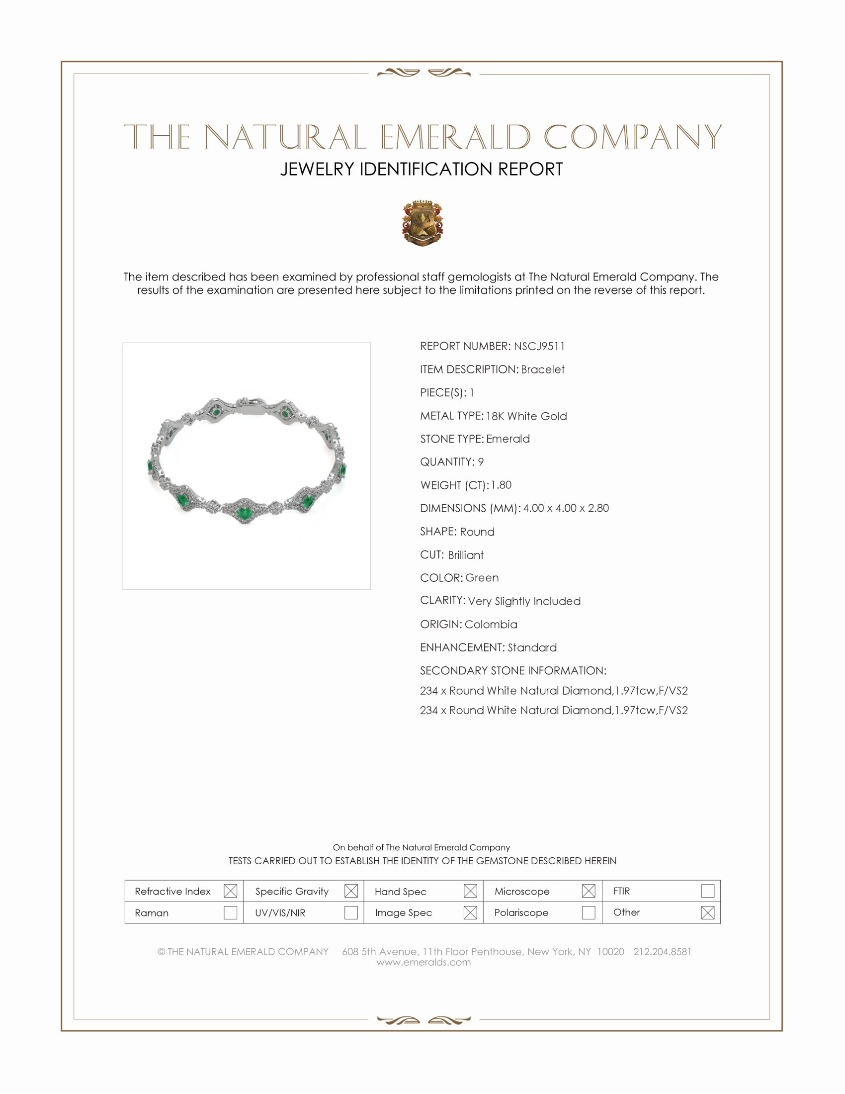 1.80 Ct.Tw. Emerald and Natural Diamond Pave Bracelet, 18K White Gold