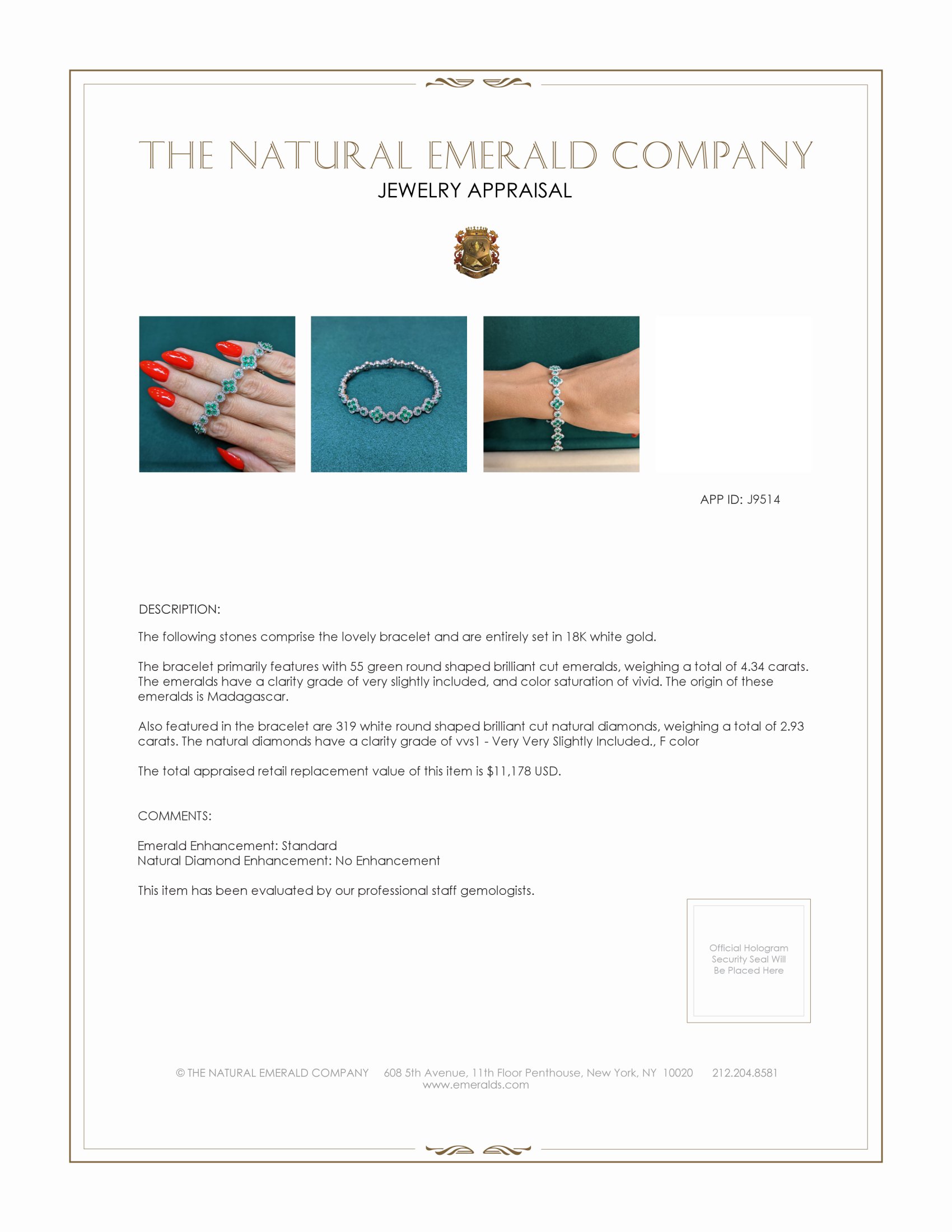 4.34 Ct.Tw. Emerald Natural Diamond Pave Bracelet, 18K White Gold