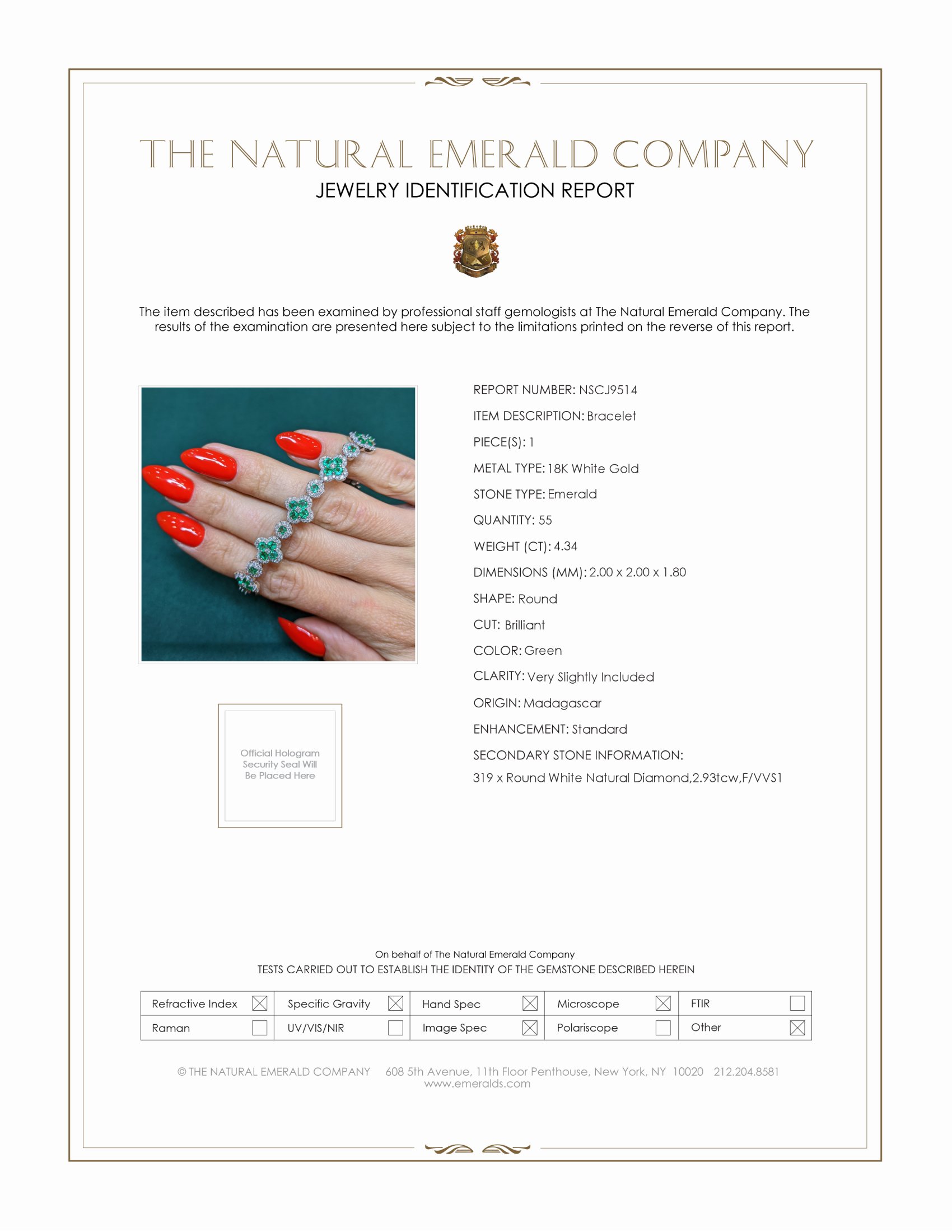 4.34 Ct.Tw. Emerald and Natural Diamond Pave Bracelet, 18K White Gold