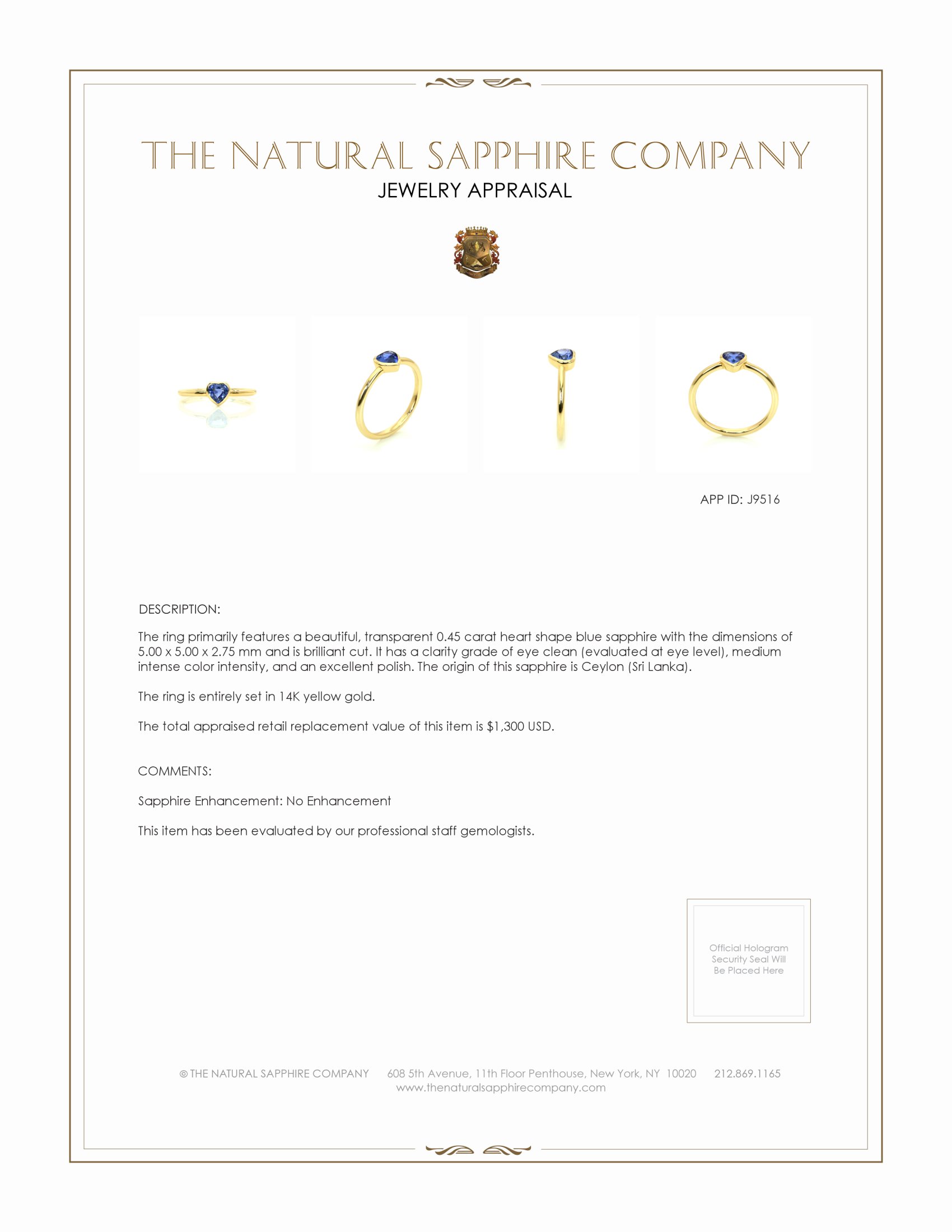 0.45 Ct. Blue Sapphire Solitaire Ring, 14K Yellow Gold