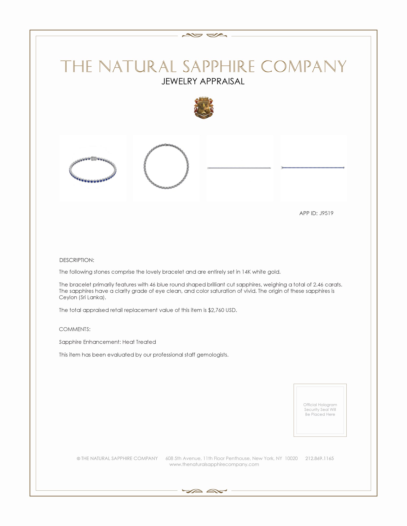 2.46 Ct.Tw. Blue Sapphire Bezel Bracelet, 14K White Gold