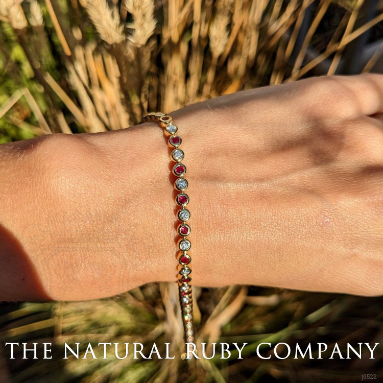 1.24 Ct.Tw. Ruby Natural Diamond Bezel Bracelet, 18K Yellow Gold