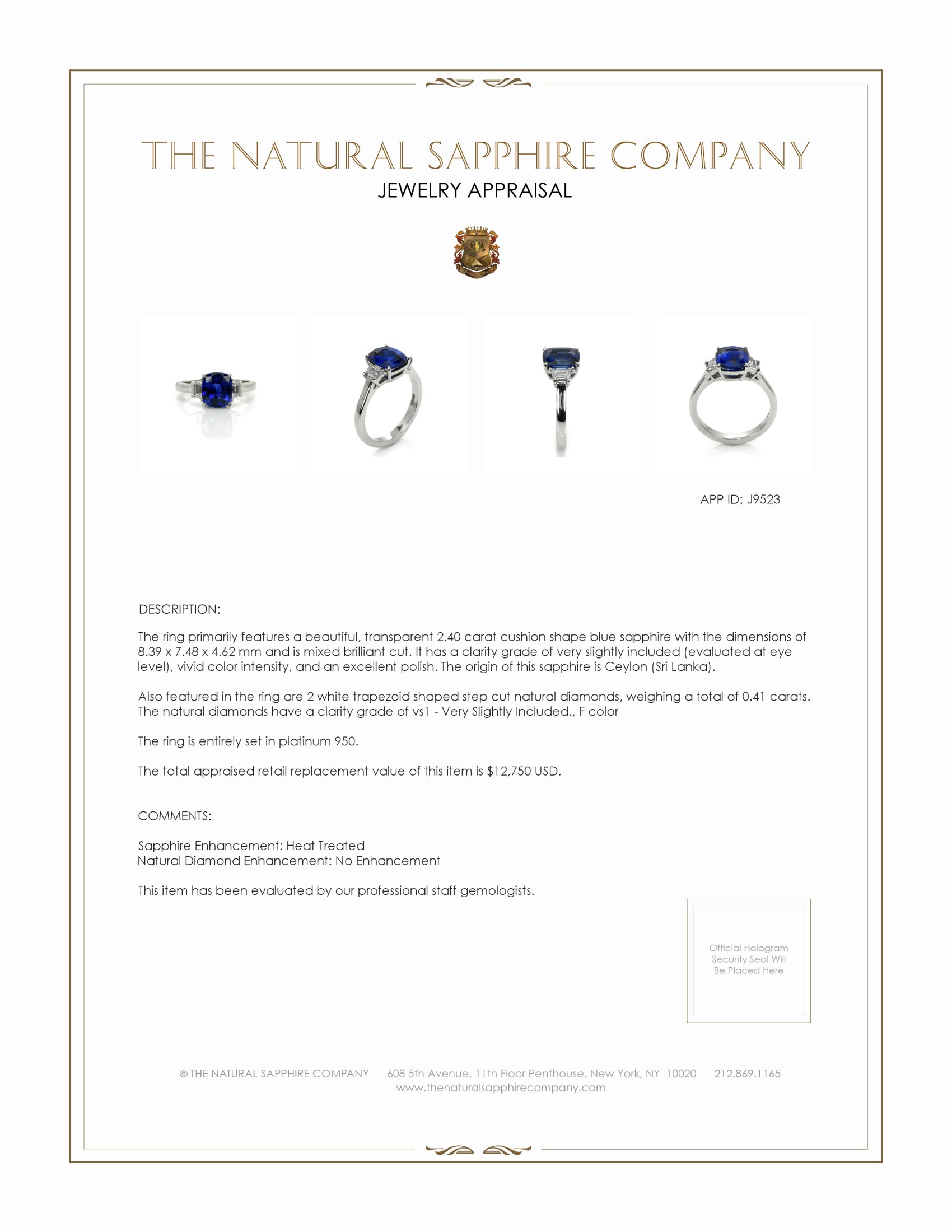 2.40 Ct. Blue Sapphire and Natural Diamond Three Stone Ring, Platinum 950