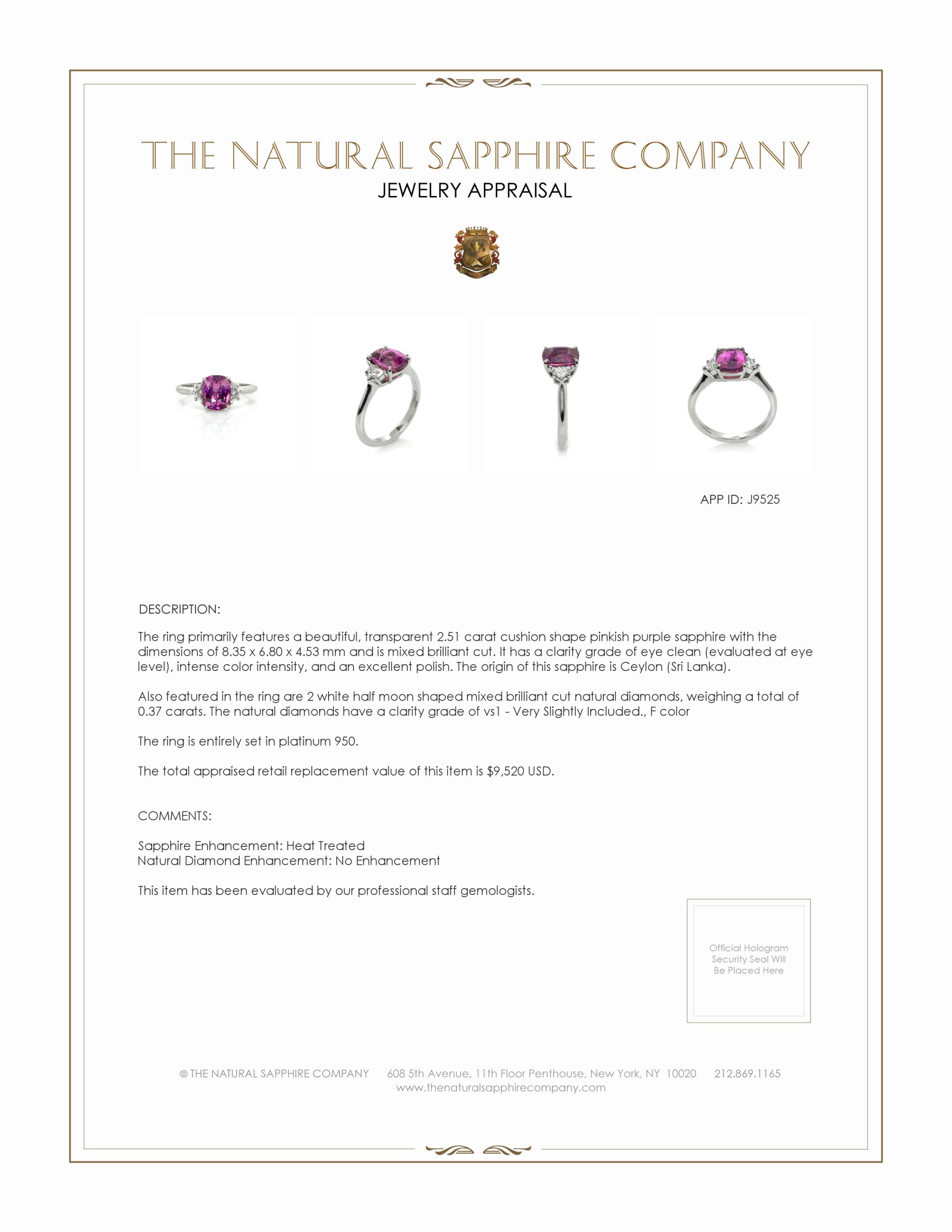 2.51 Ct. Pinkish Purple Sapphire and Natural Diamond Three Stone Ring, Platinum 950