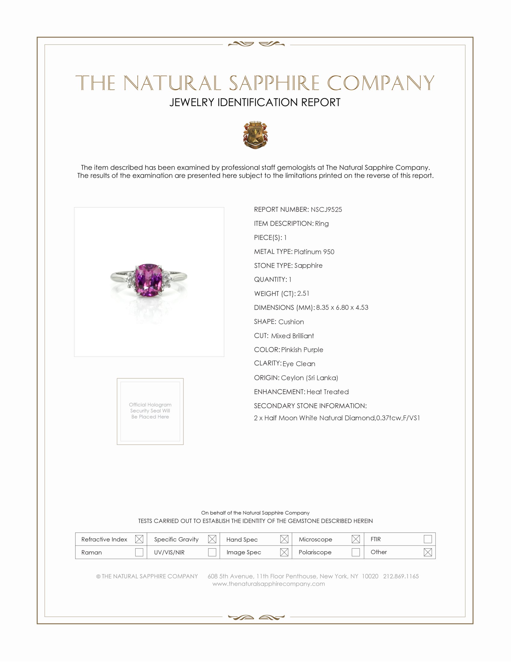 2.51 Ct. Pinkish Purple Sapphire and Natural Diamond Three Stone Ring, Platinum 950