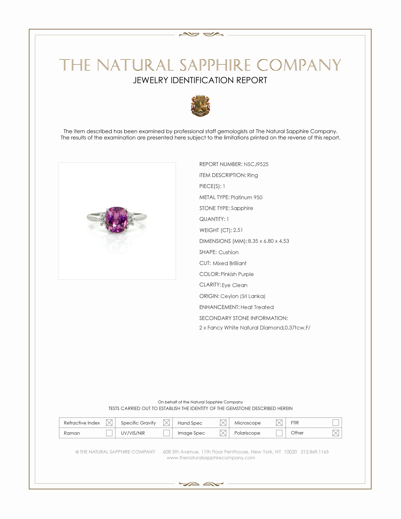 2.51 Ct. Pinkish Purple Sapphire and Natural Diamond Three Stone Ring, Platinum 950