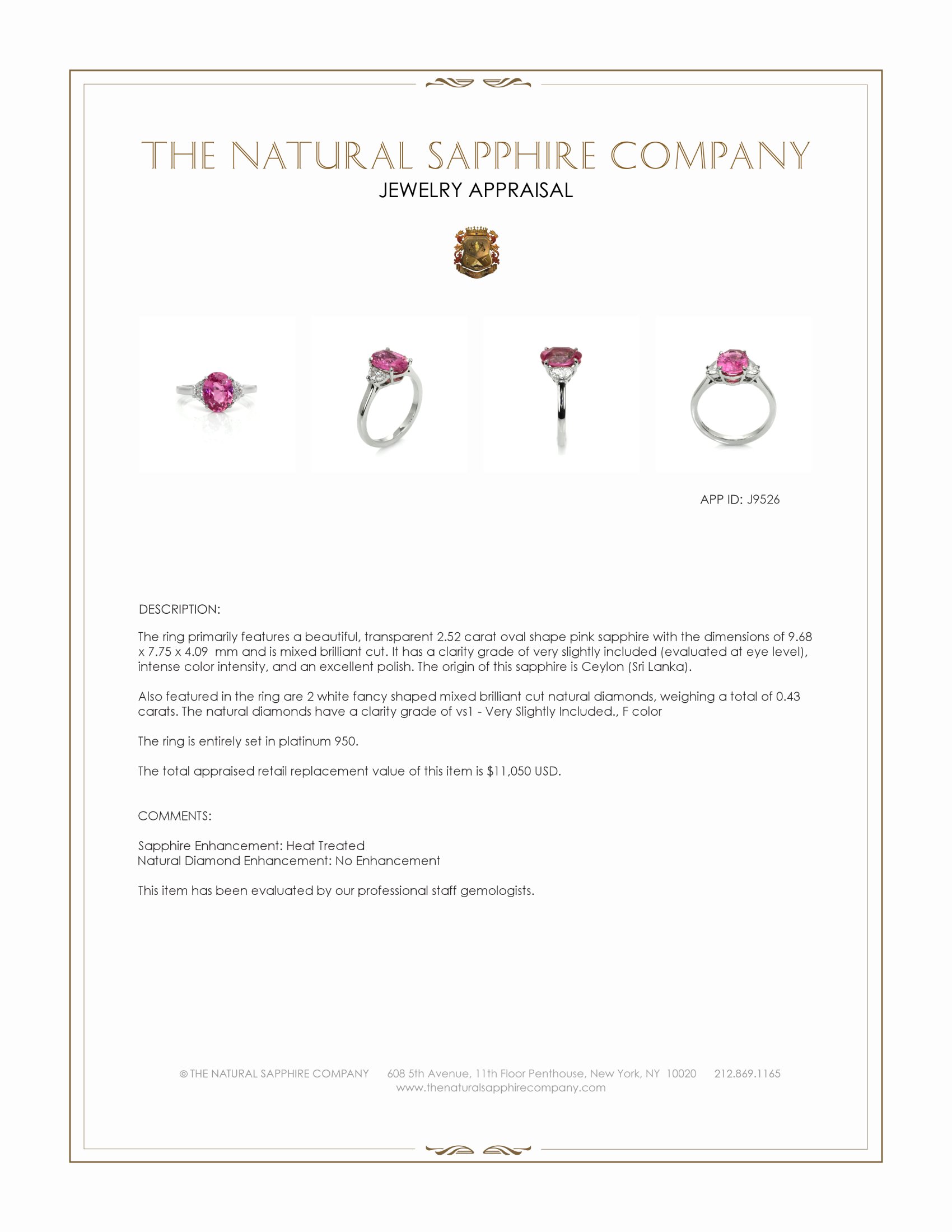 2.52 Ct. Pink Sapphire and Natural Diamond Three Stone Ring, Platinum 950