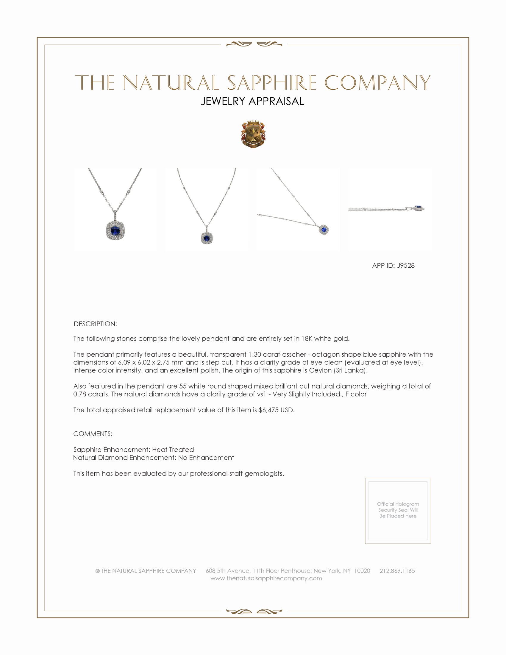 1.30 Ct. Blue Sapphire and Natural Diamond Halo Pendant, 18K White Gold