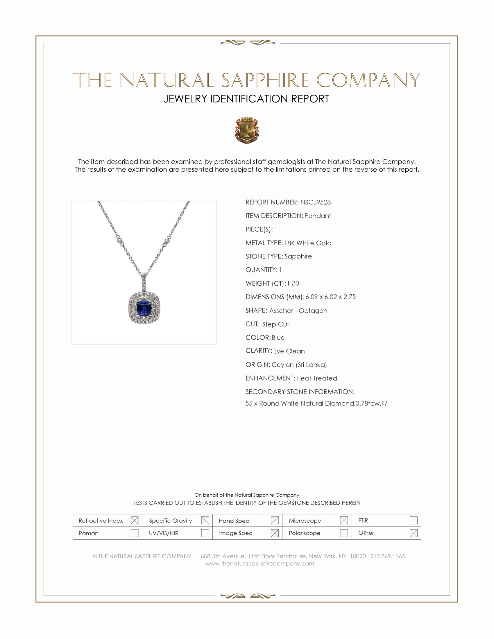 1.30 Ct. Blue Sapphire and Natural Diamond Halo Pendant, 18K White Gold