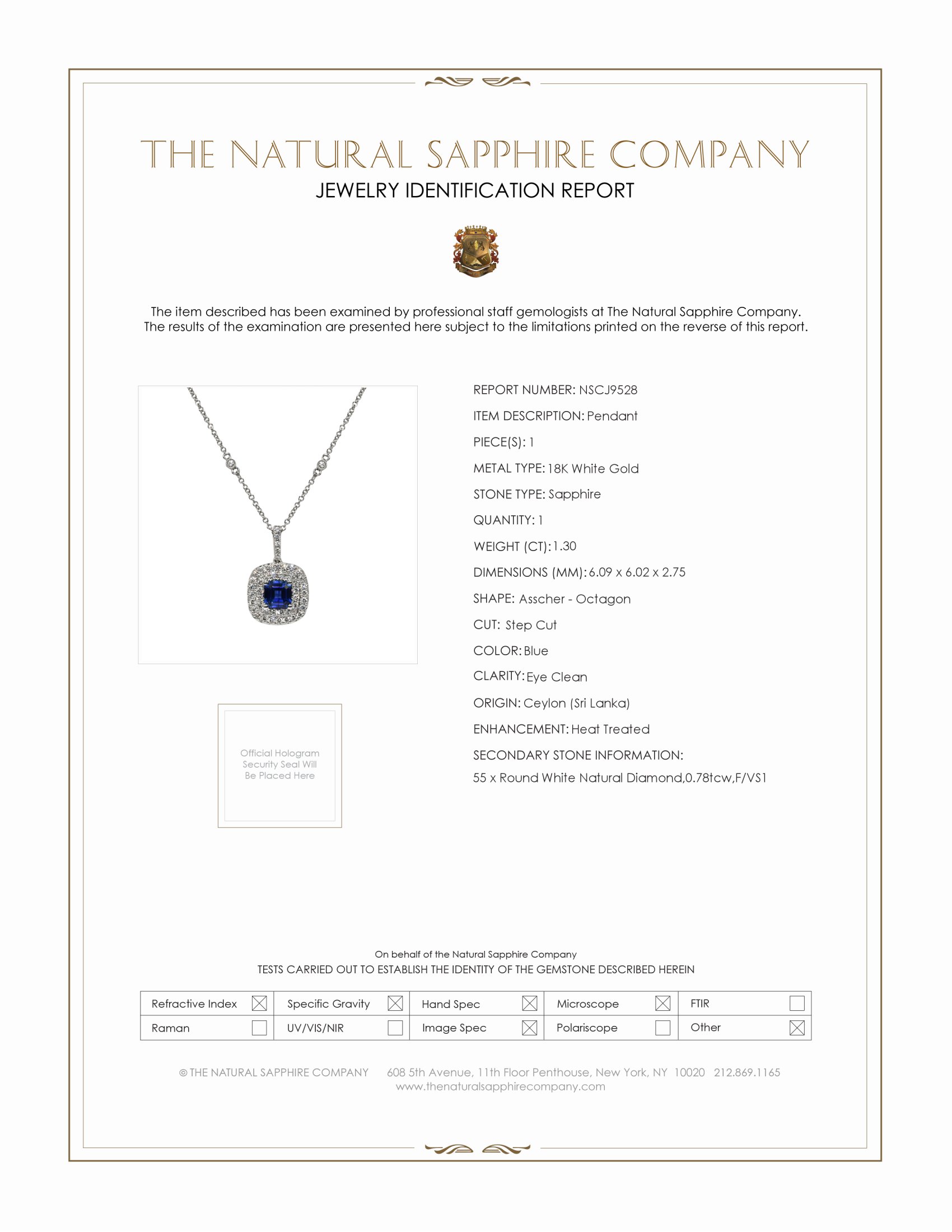 1.30 Ct. Blue Sapphire and Natural Diamond Halo Pendant, 18K White Gold