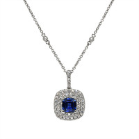 1.30 Ct. Blue Sapphire and Natural Diamond Halo Pendant, 18K White Gold Video