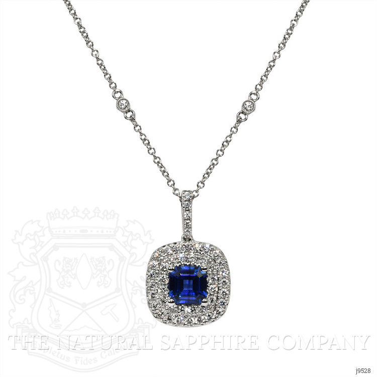 1.30 Ct. Blue Sapphire and Natural Diamond Halo Pendant, 18K White Gold