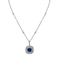 1.30 Ct. Blue Sapphire and Natural Diamond Halo Pendant, 18K White Gold Image
