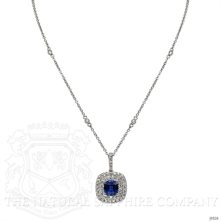 1.30 Ct. Blue Sapphire and Natural Diamond Halo Pendant, 18K White Gold