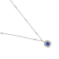 1.30 Ct. Blue Sapphire and Natural Diamond Halo Pendant, 18K White Gold Image