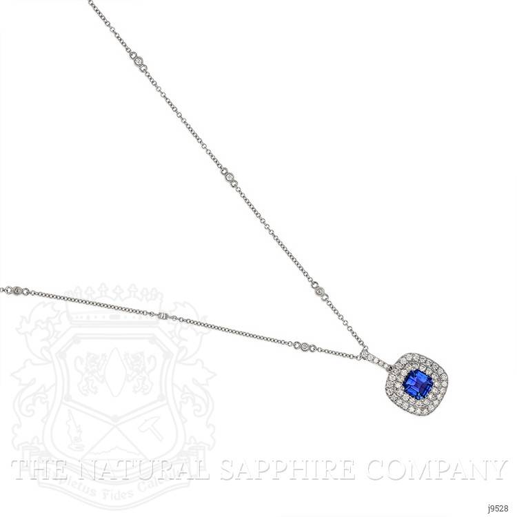 1.30 Ct. Blue Sapphire and Natural Diamond Halo Pendant, 18K White Gold