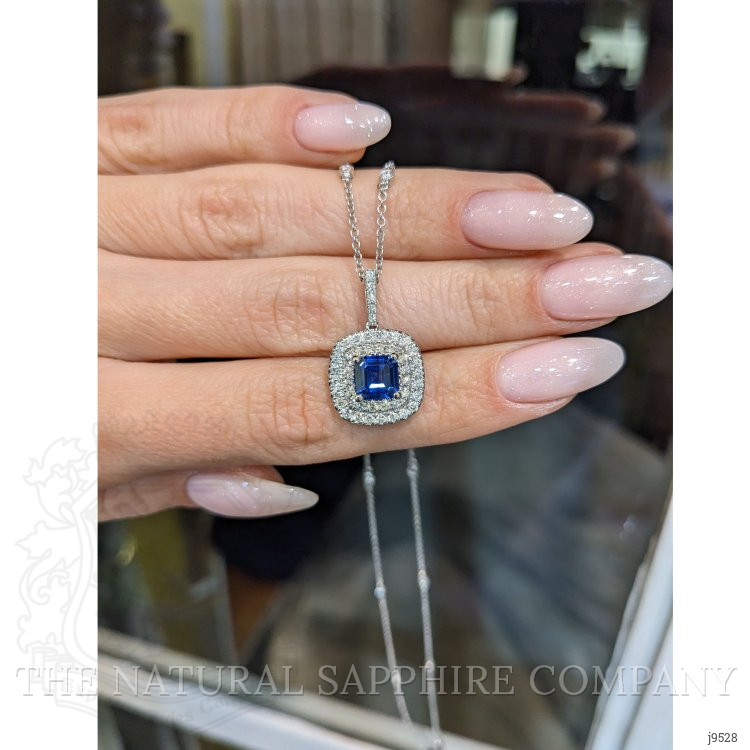 1.30 Ct. Blue Sapphire and Natural Diamond Halo Pendant, 18K White Gold