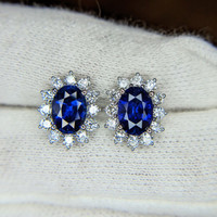 2.00 Ct.Tw.Total Carat Weight Sapphire Natural Diamond Halo Earrings, 18K White Gold Life Style