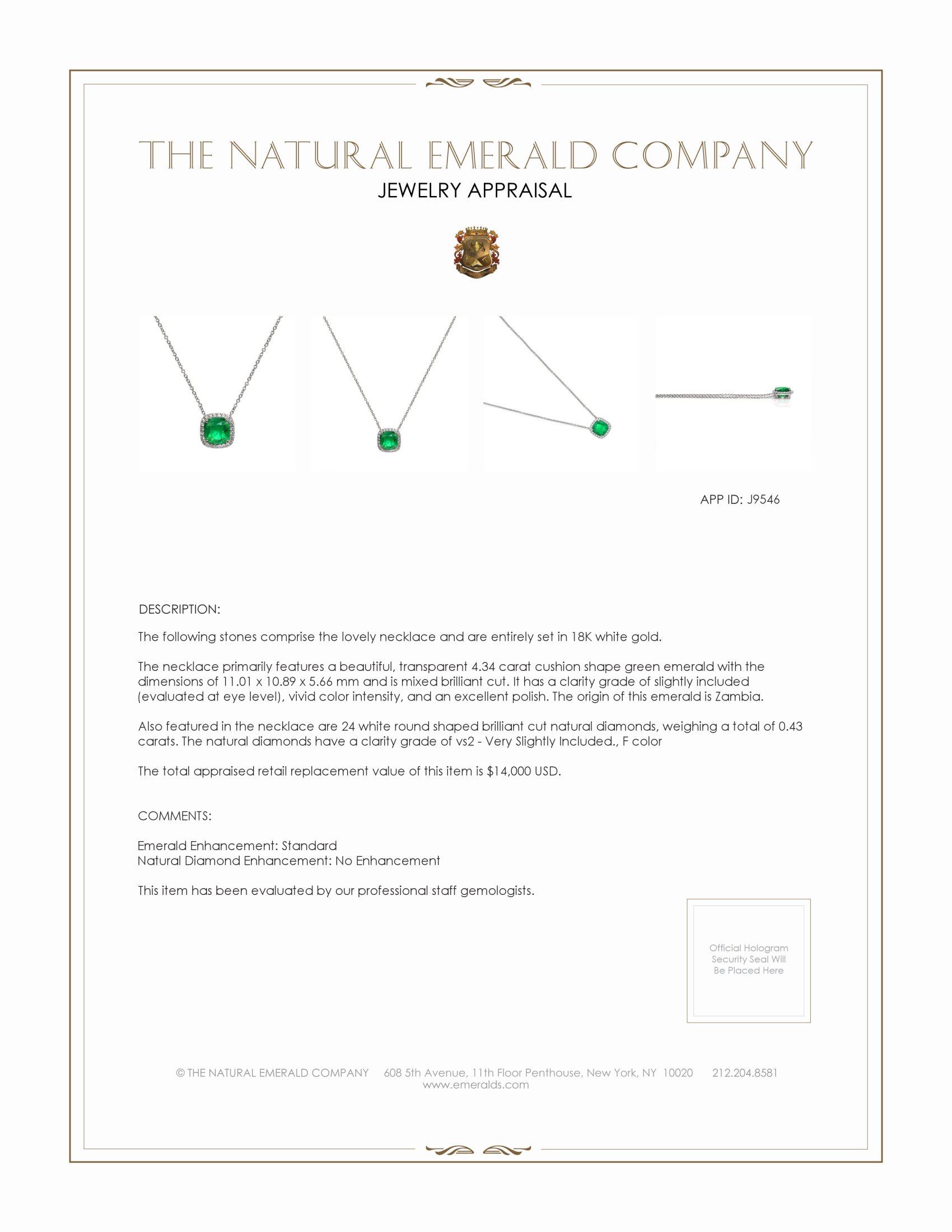 4.34 Ct. Emerald and Natural Diamond Pave Necklace, 18K White Gold