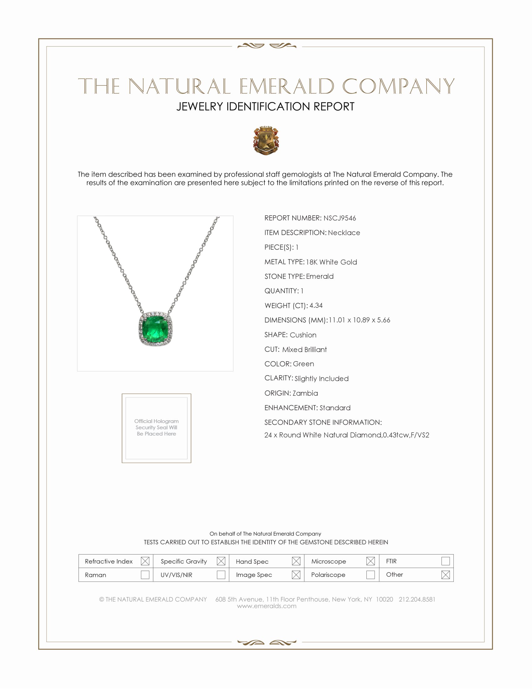 4.34 Ct. Emerald Natural Diamond Pave Necklace, 18K White Gold