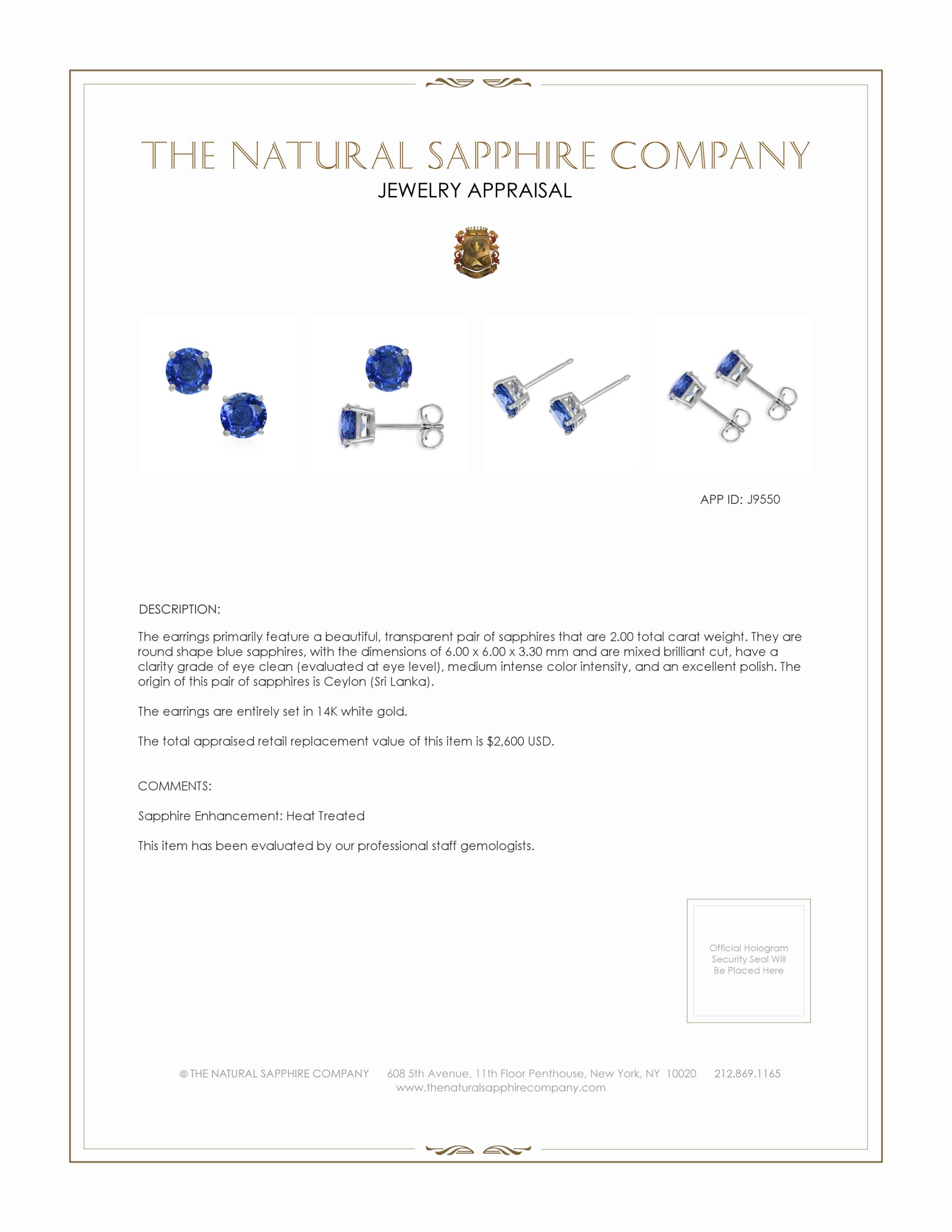 2.00 Ct.Tw. Blue Sapphire Studs Earrings, 14K White Gold