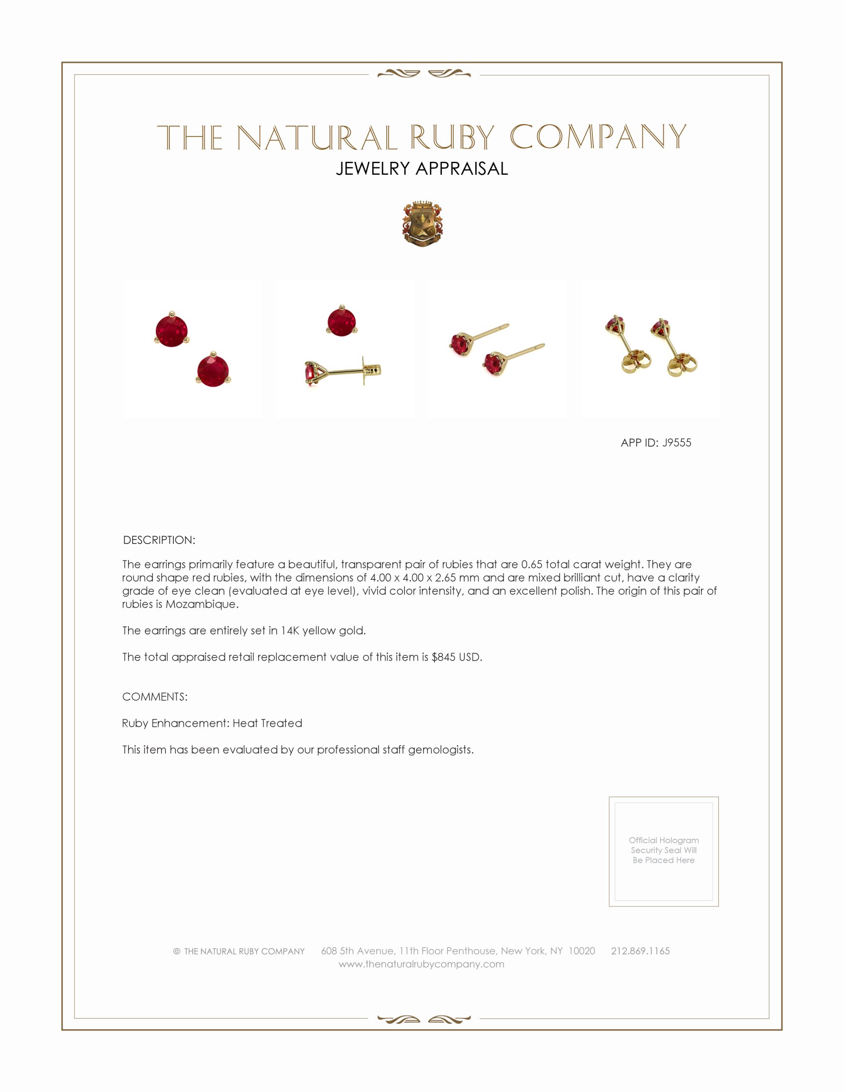 0.65 Ct.Tw. Ruby Studs Earrings, 14K Yellow Gold