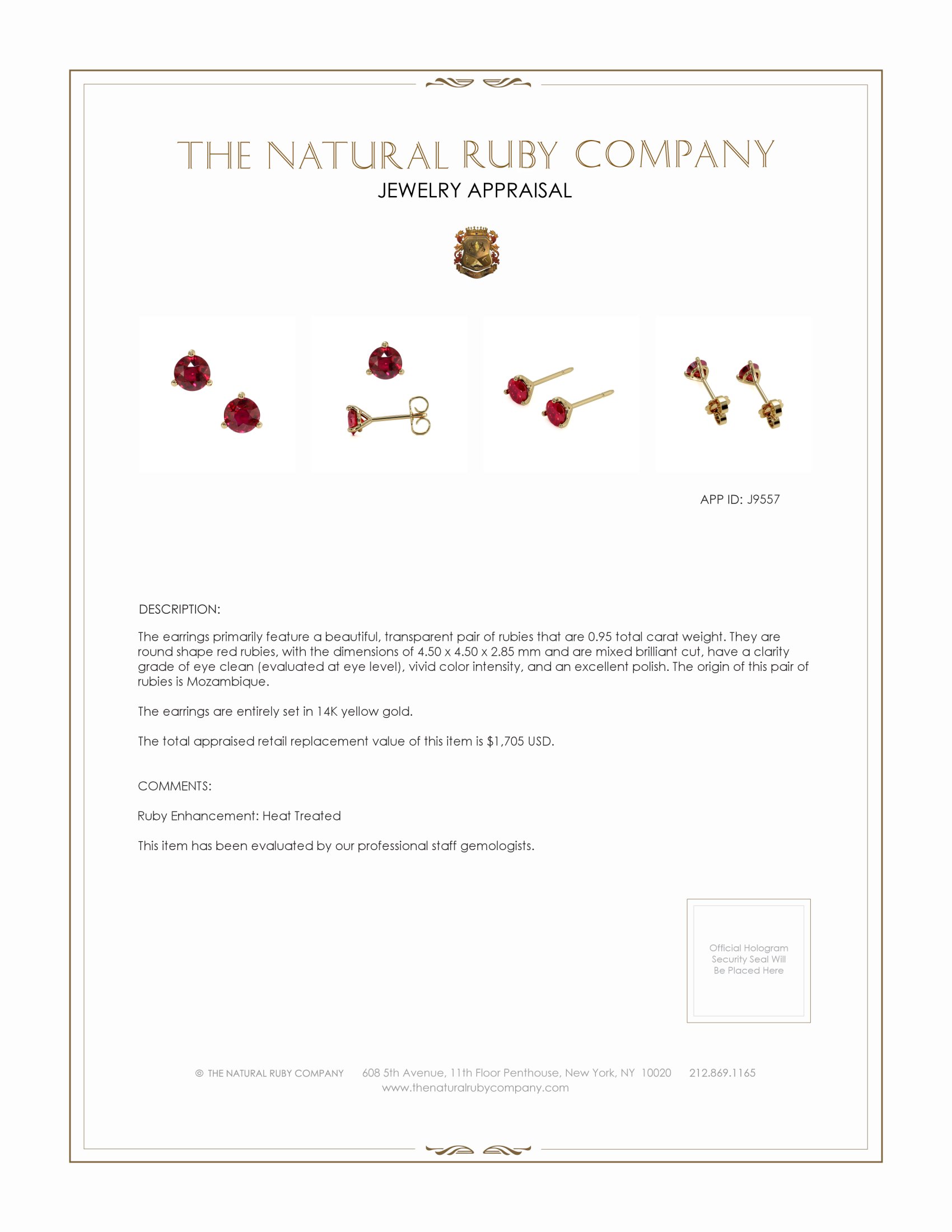 0.95 Ct.Tw. Ruby Studs Earrings, 14K Yellow Gold